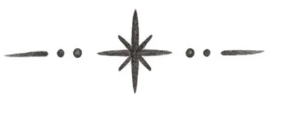 A decorative design featuring a central star-like shape with elongated points, surrounded by dots and lines symmetrically arranged.