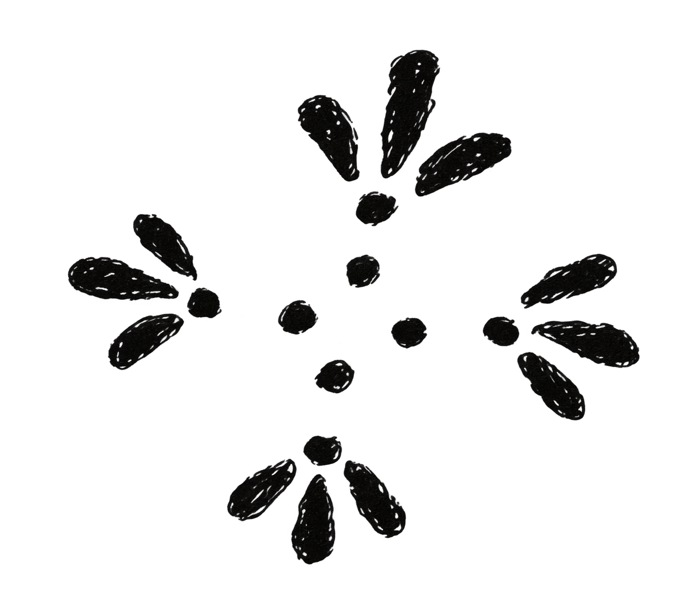 The image shows a black background with a cluster of black and gray petal-like shapes radiating from the center, resembling an abstract flower design.