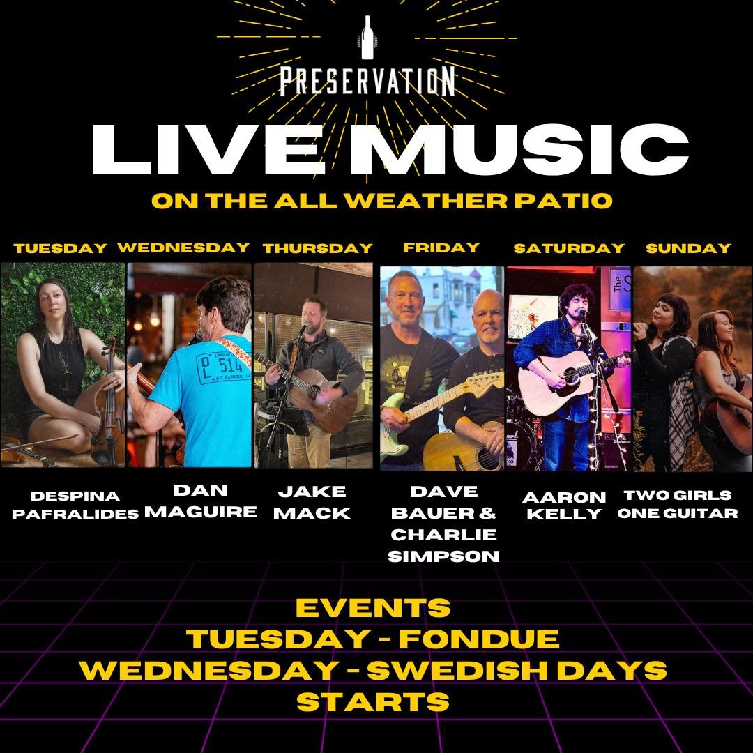 🎶 Live music every night this week at Preservation! 🎶
Join us on the all-weather patio for an awesome lineup:
🎻 Tuesday – Despina Pafralides
🎸 Wednesday – Dan Maguire
🎤 Thursday – Jake Mack
🎵 Friday – Dave Bauer & C