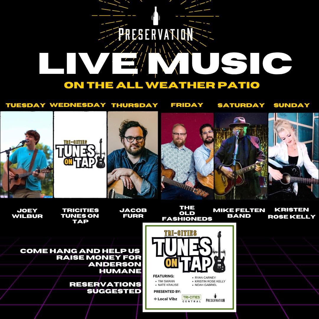 🎶 Live music, all week long — rain or shine! 🌟
Join us on the all-weather patio at Preservation for an incredible lineup of local talent, including a special Tri-Cities Tunes on Tap night raising money for Anderson Humane. 🐾 reservations re