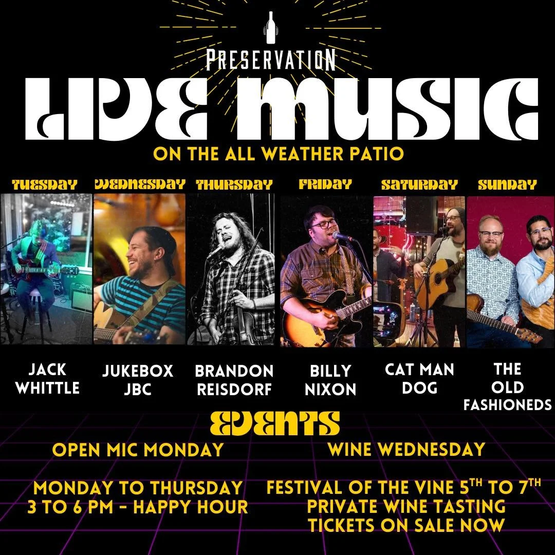 🍷✨ Festival of the Vine is almost here! ✨🍷
Preservation is bringing the vibes all week long with live music on our all-weather patio, but the real highlight? Our exclusive private wine tasting experience during Festival of the Vine, September 5th&