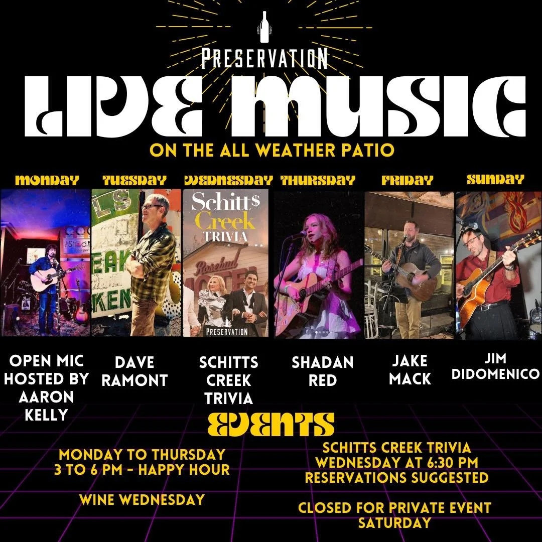 🎶✨ LIVE MUSIC ALL WEEK ✨🎶
at Preservation on the All-Weather Patio
Here’s what’s coming up:
🎤 Monday – Open Mic hosted by Aaron Kelly
🎤 Tuesday – Dave Ramont
🍷 Wednesday – Schitt’s Creek Trivia (6:30 PM &ndas