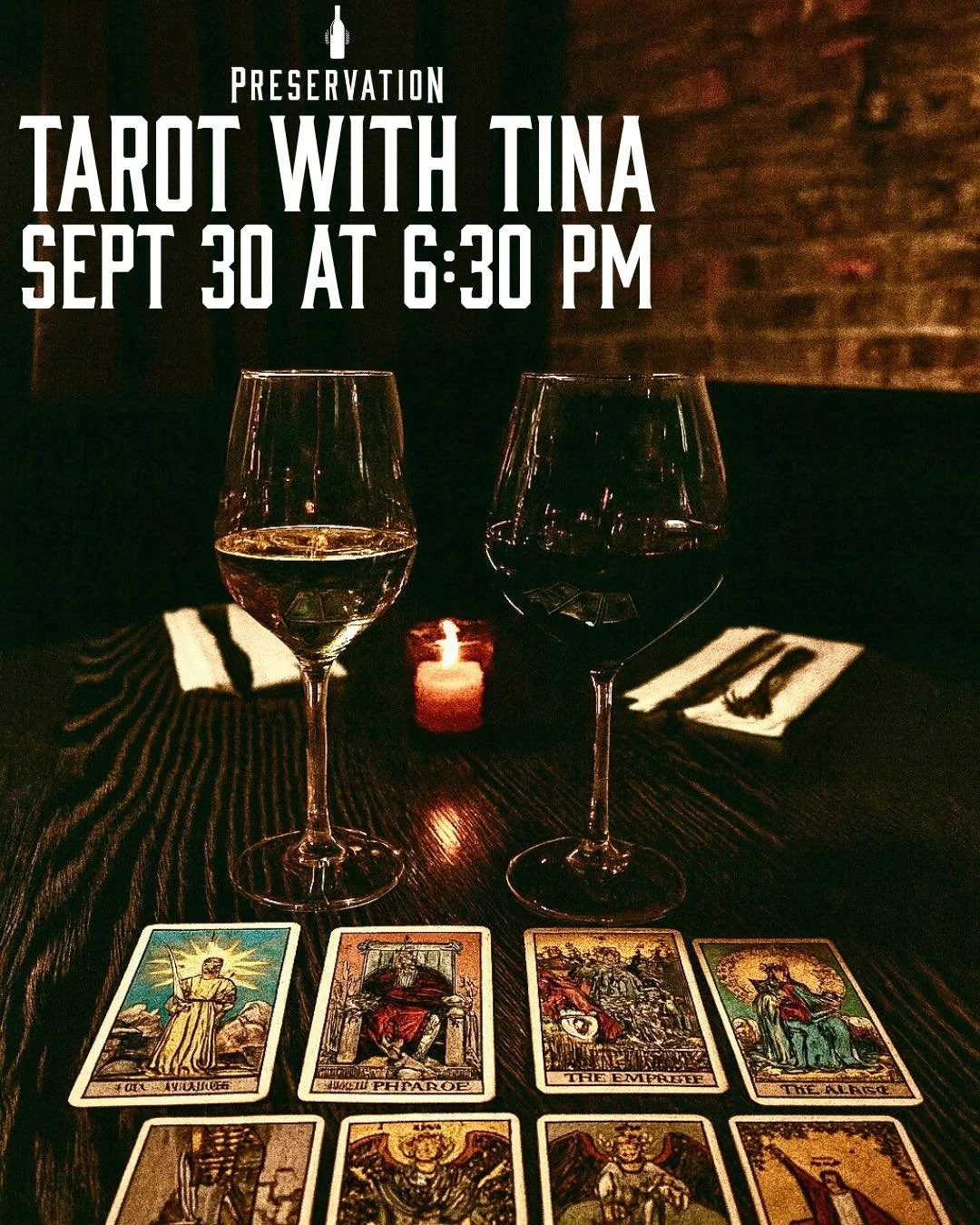 Tarot with Tina from The Agape House at Preservation!🎴✨
Step into the mystical vibes at Preservation for a magical Tarot Card Reading Night! Whether you're curious about love, life, or your next adventure, our talented reader Tina is here to guide