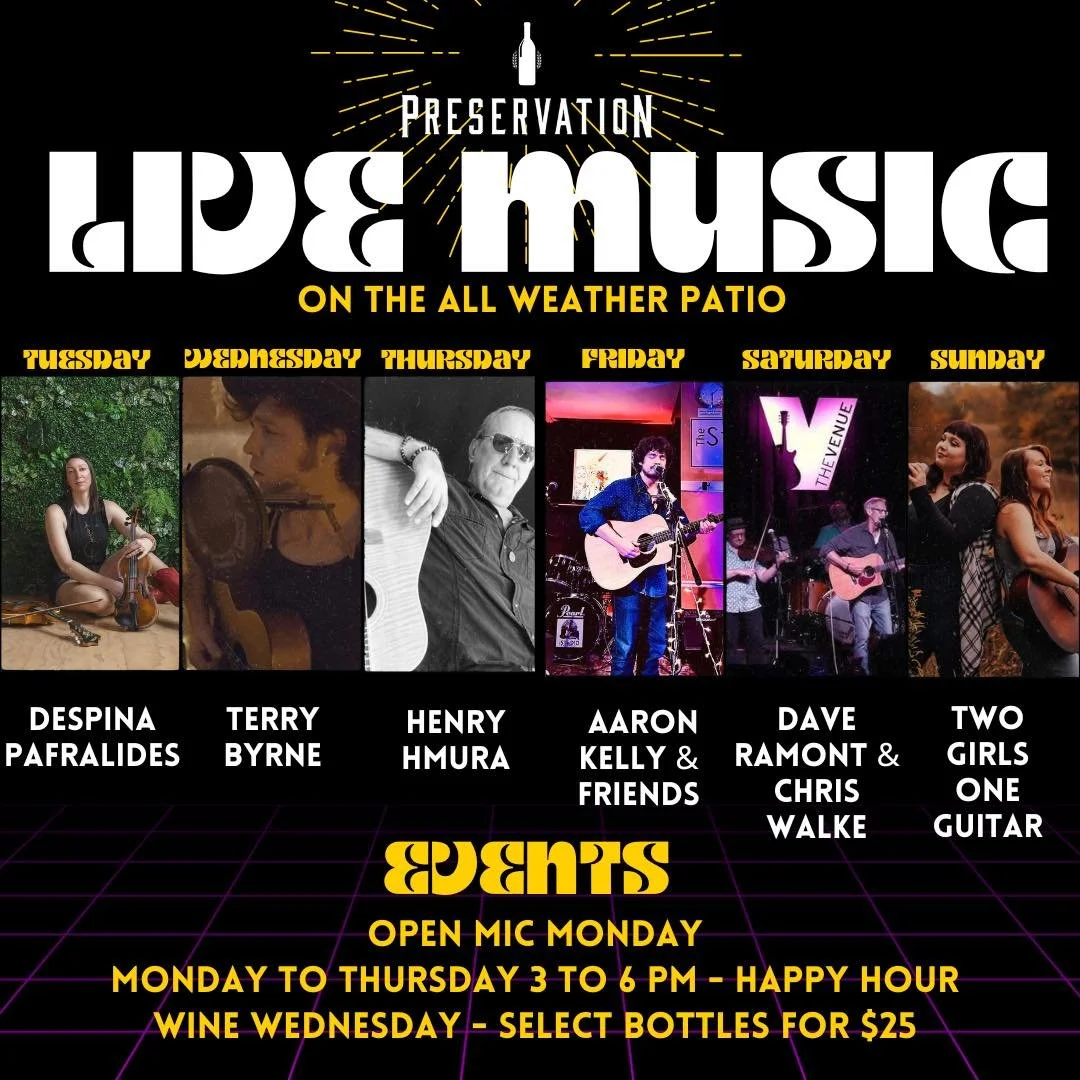 🎶 The week is looking good on Preservation’s all-weather patio!
Here’s who’s taking the stage:
✨ Tuesday – Despina Pafralides
✨ Wednesday – Terry Byrne
✨ Thursday – Henry Hmura
✨ Friday – Aaron Kelly &