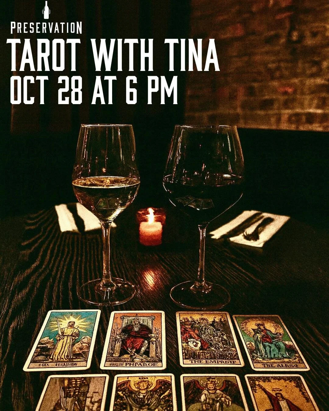 Tarot with Tina from The Agape House at Preservation!

Step into the mystical vibes of the Front Lounge at Preservation for a magical Tarot Card Reading Night! Whether you're curious about love, life, or your next adventure, our talented reader Tina 