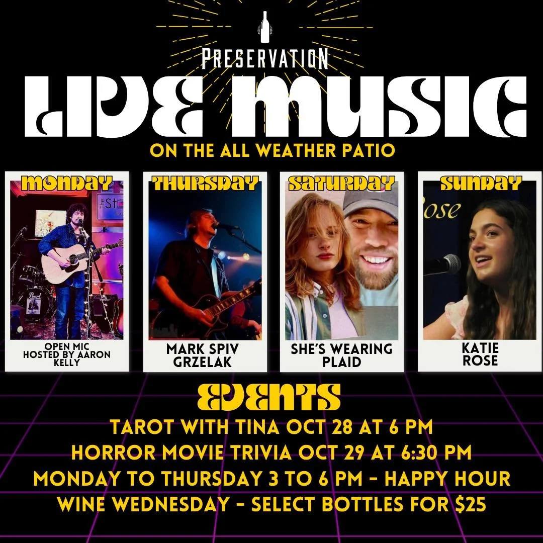 🎶 Live Music + Fall Vibes at Preservation! 🍷
The all-weather patio is serving up good tunes and great times all week long &mdash; no matter what the weather&rsquo;s doing.

🎤 Monday: Open Mic hosted by Aaron Kelly
🎸 Thursday: Mark Spiv Grzelak
🎶