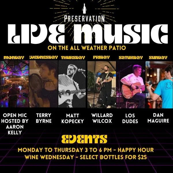 🎶✨ LIVE MUSIC ALL WEEK ✨🎶

Here&rsquo;s what this week sounds like:
Monday: Open Mic hosted by Aaron Kelly
Wednesday: Terry Byrne
Thursday: Matt Kopecky
Friday: Willard Wilcox
Saturday: Los Dudes
Sunday: Dan Maguire

Happy Hour happens Monday&ndash