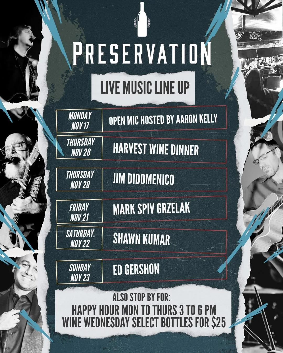 🎶🍷 Live Music All Week at Preservation
Here&rsquo;s what&rsquo;s happening this week:

Monday &ndash; Open Mic hosted by Aaron Kelly
Thursday &ndash; Harvest Wine Dinner (tickets still available!)
Thursday &ndash; Jim Didomenico
Friday &ndash; Mark