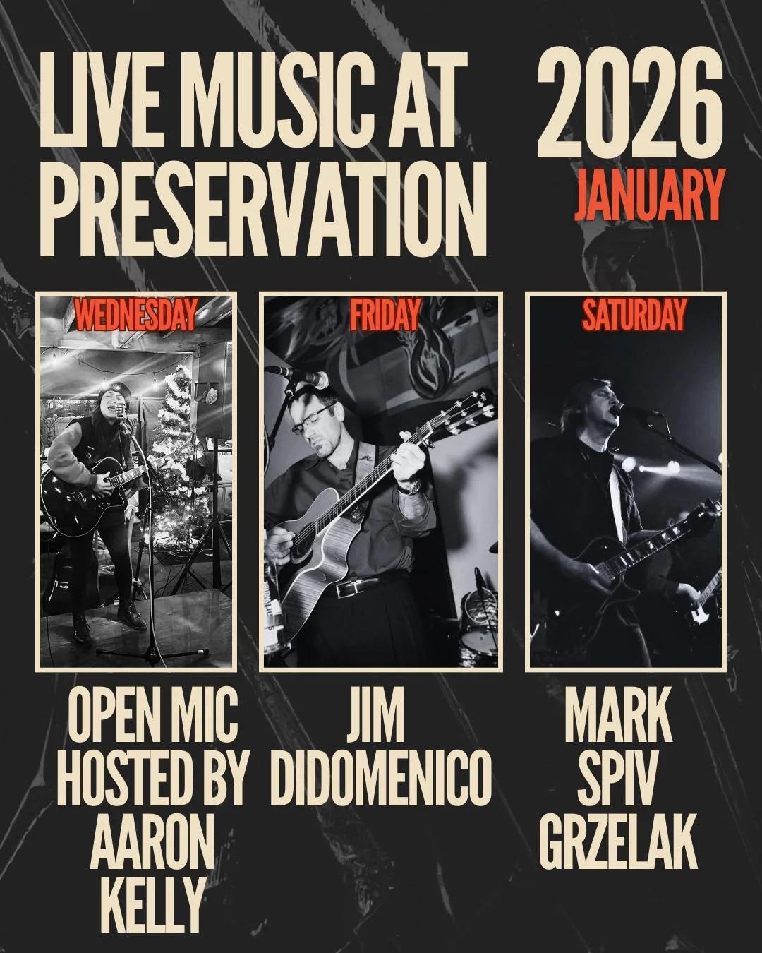 🎶 This Week&rsquo;s Music Lineup at Preservation 🎶

We&rsquo;ve got a great week of live music coming your way. Grab a drink, find a seat, and settle in for some seriously good tunes all week long.

Wednesday the 7th : Open Mic Hosted by Aaron Kell