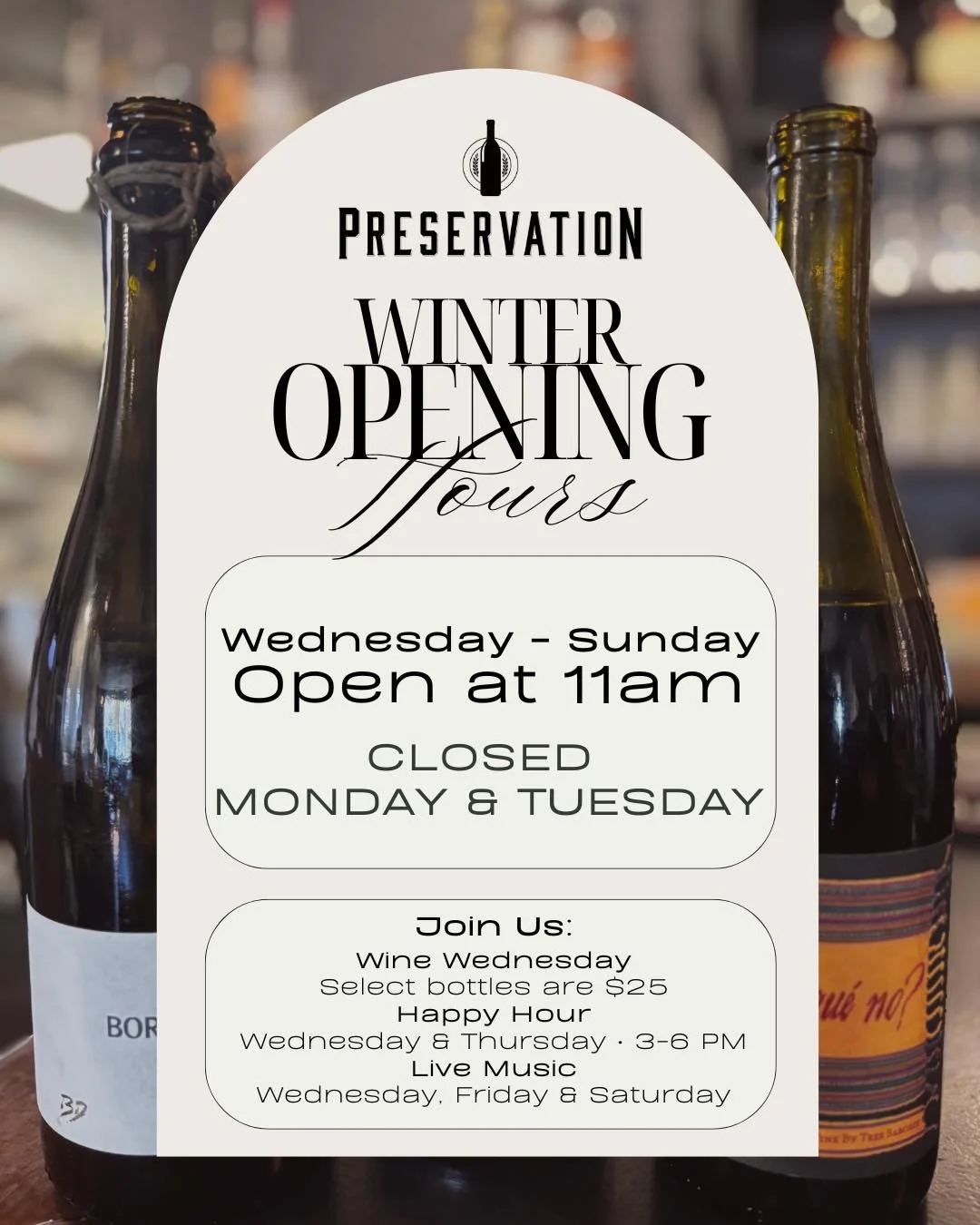 ❄️ Winter Hours Update at Preservation ❄️

As we settle into winter, we&rsquo;re making a small schedule shift:
&bull; Closed Mondays &amp; Tuesdays
&bull; Open Mic moves to Wednesdays 🎤

See ya on Wednesday!
