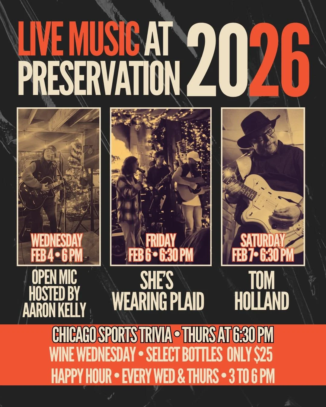 Clear your calendars&mdash;February is kicking off with a bang at Preservation. 

From open mic nights to Chicago sports trivia and incredible live sets, there is something happening every night to keep the winter chill away.

The Schedule:
WED | FEB