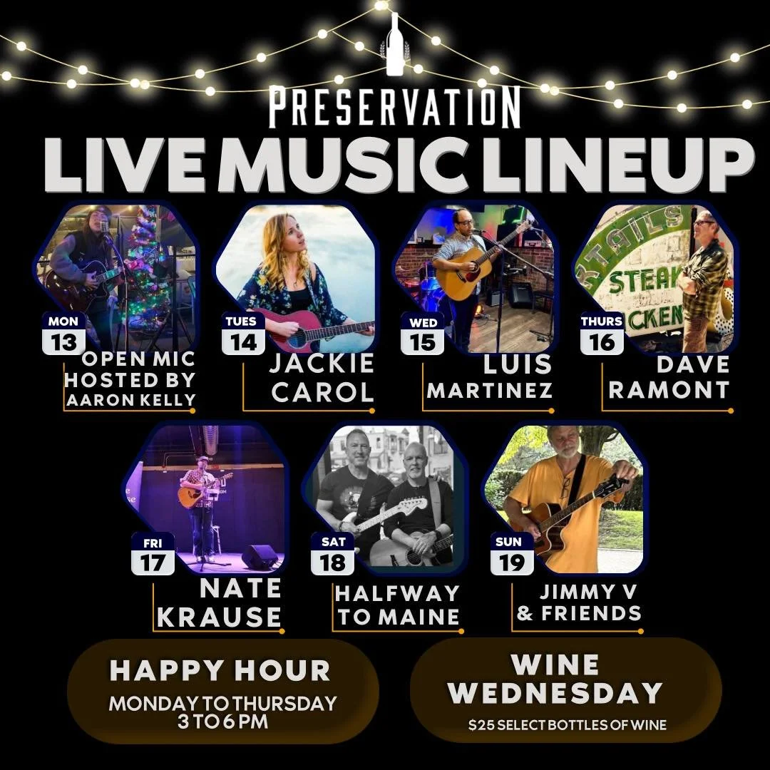 Cheers to a full week of tunes and pours! 🍷🎸

🎤 Live Music Schedule
&bull; Mon 13: Open Mic hosted by Aaron Kelly
&bull; Tues 14: Jackie Carol
&bull; Wed 15: Luis Martinez
&bull; Thurs 16: Dave Ramont
&bull; Fri 17: Nate Krause
&bull; Sat 18: Half