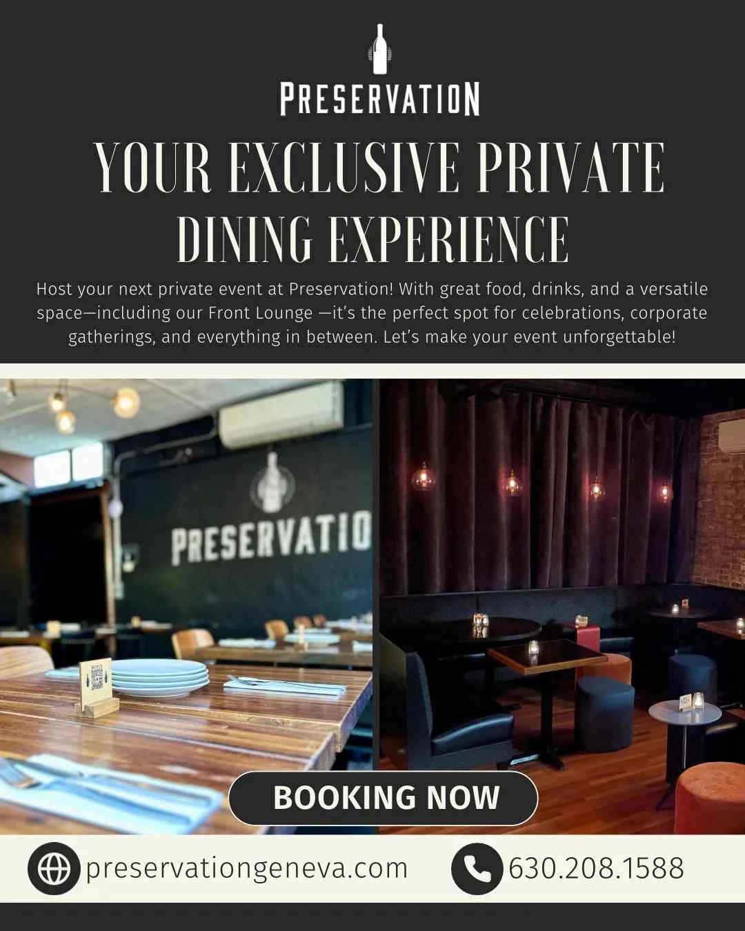 Step into something a little more special at Preservation.

From intimate dinners in the Front Lounge to lively celebrations with friends and colleagues in the back room, our space sets the stage for unforgettable moments. 

Thoughtfully crafted food