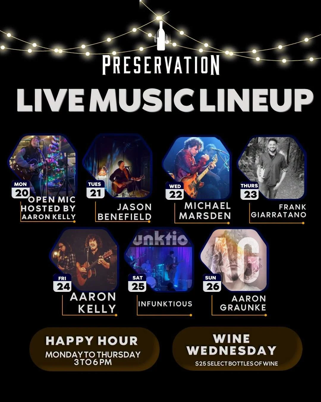 A full week of live music is calling 🎶

Here&rsquo;s what&rsquo;s happening at Preservation:

Mon (20) &ndash; Open Mic hosted by Aaron Kelly
Tues (21) &ndash; Jason Benefield
Wed (22) &ndash; Michael Marsden
Thurs (23) &ndash; Frank Giarratano
Fri 