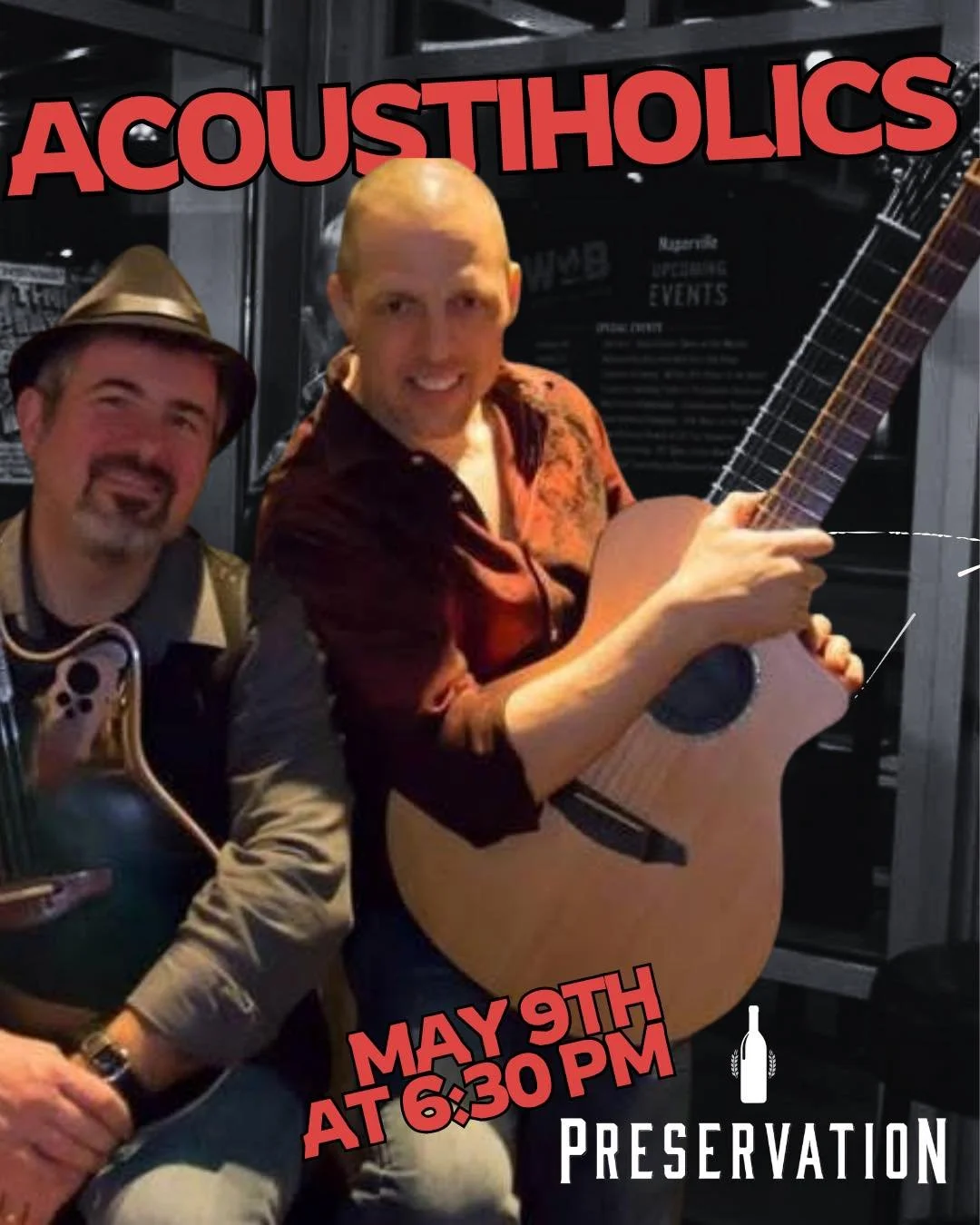 The Acoustiholics hit the patio tonight at Preservation.

Good music, better wine, a packed patio, and one of those nights where nobody&rsquo;s in a hurry to leave.

Show starts tonight &mdash; come hang.