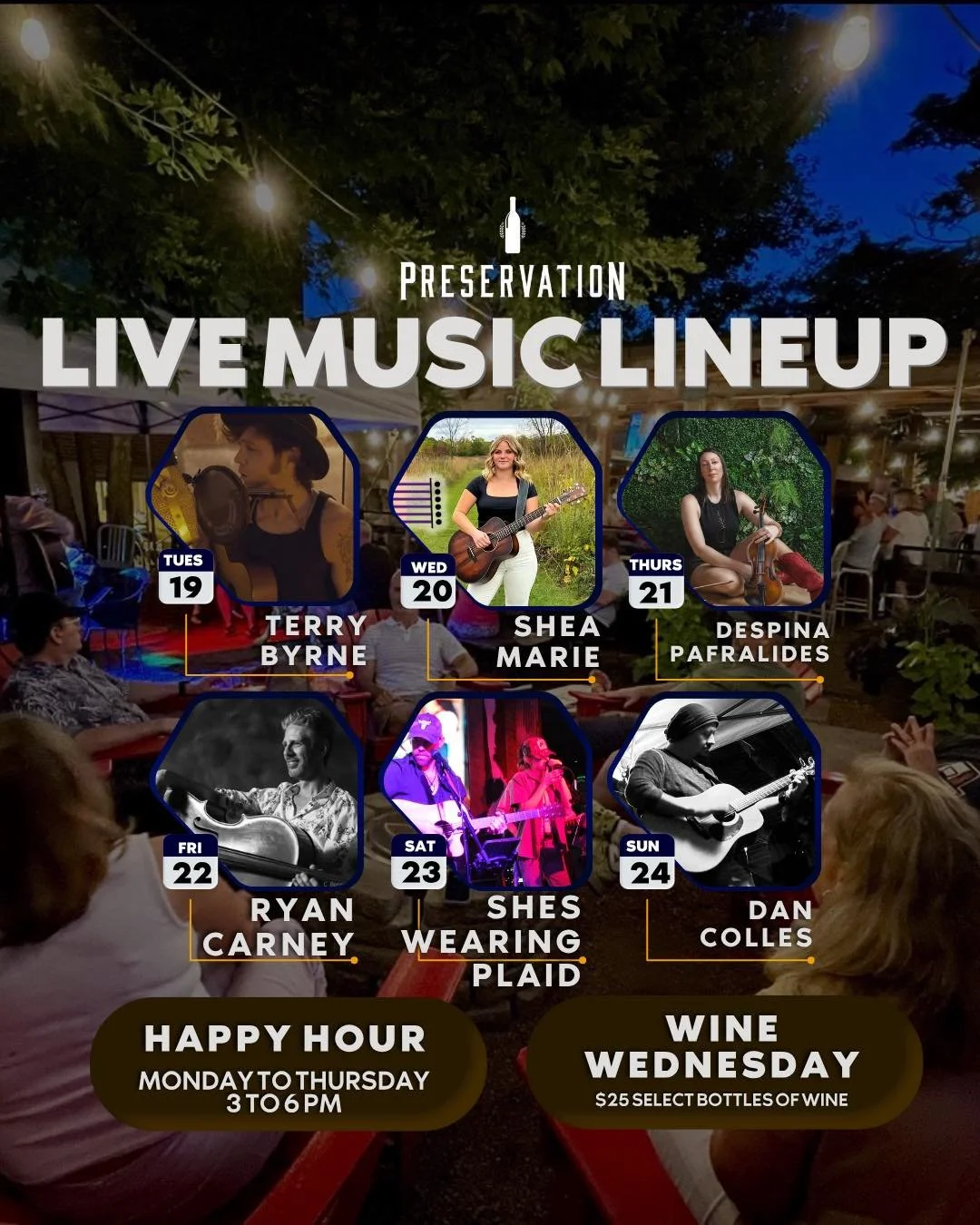 This week&rsquo;s lineup at Preservation 🎶🍷

Tuesday 5/19 &mdash; @terrybyrnemusic 
Wednesday 5/20 &mdash; @sheamariemusic 
Thursday 5/21 &mdash; Despina Pafralides
Friday 5/22 &mdash; @basstramp20 
Saturday 5/23 &mdash; @sheswearingplaidduo 
Sunda