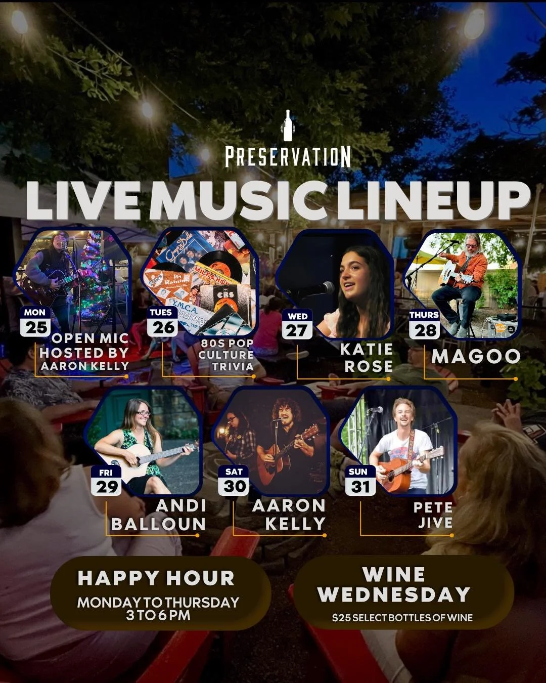 This week&rsquo;s lineup is STACKED 🎶🍷☀️

Here&rsquo;s what&rsquo;s happening this week at Preservation:

🎤 Mon 5/25 &mdash; Open Mic hosted by Aaron Kelly
📼 Tues 5/26 &mdash; 80s Pop Culture Trivia
🎶 Wed 5/27 &mdash; Katie Rose
🍷 Wine Wednesda