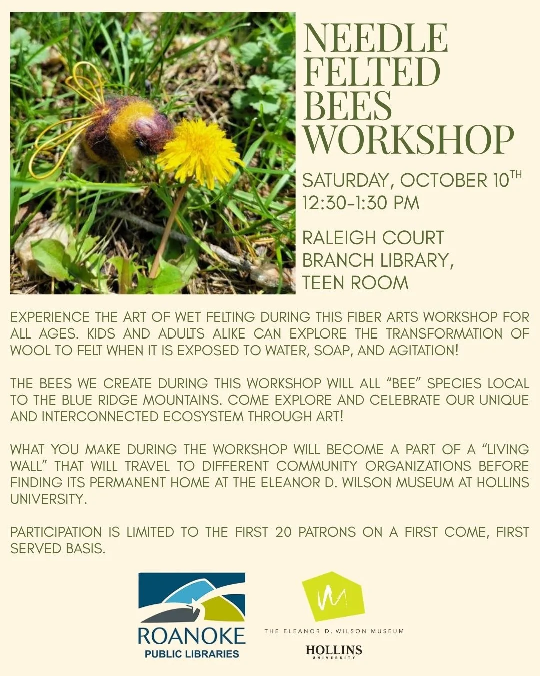 Needle Felted Bees @RALEIGH COURT BRANCH LIBRARY