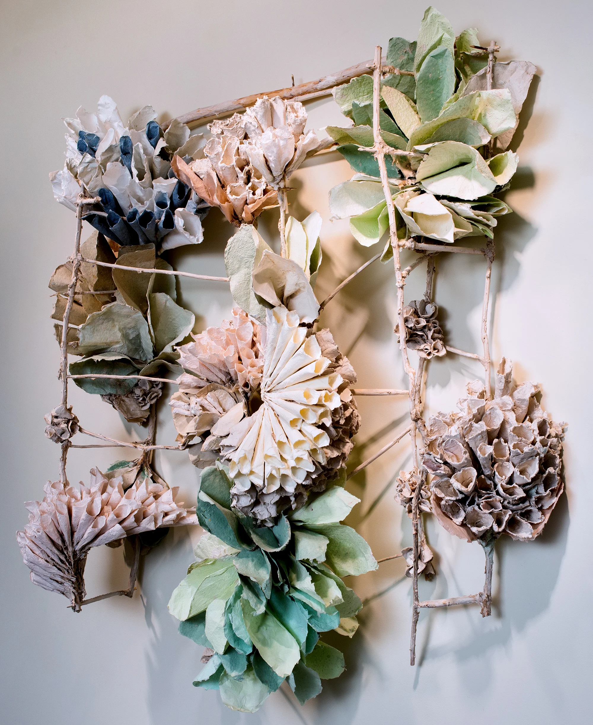 Green Bloom Fired and unfired porcelain paper clay, handmade paper, organic material 51" x 55" x 15"