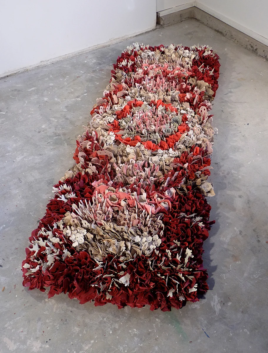 Patterns of Nature, Red Fired and unfired porcelain paper clay, handmade paper, organic material 3' x 9' x 7"