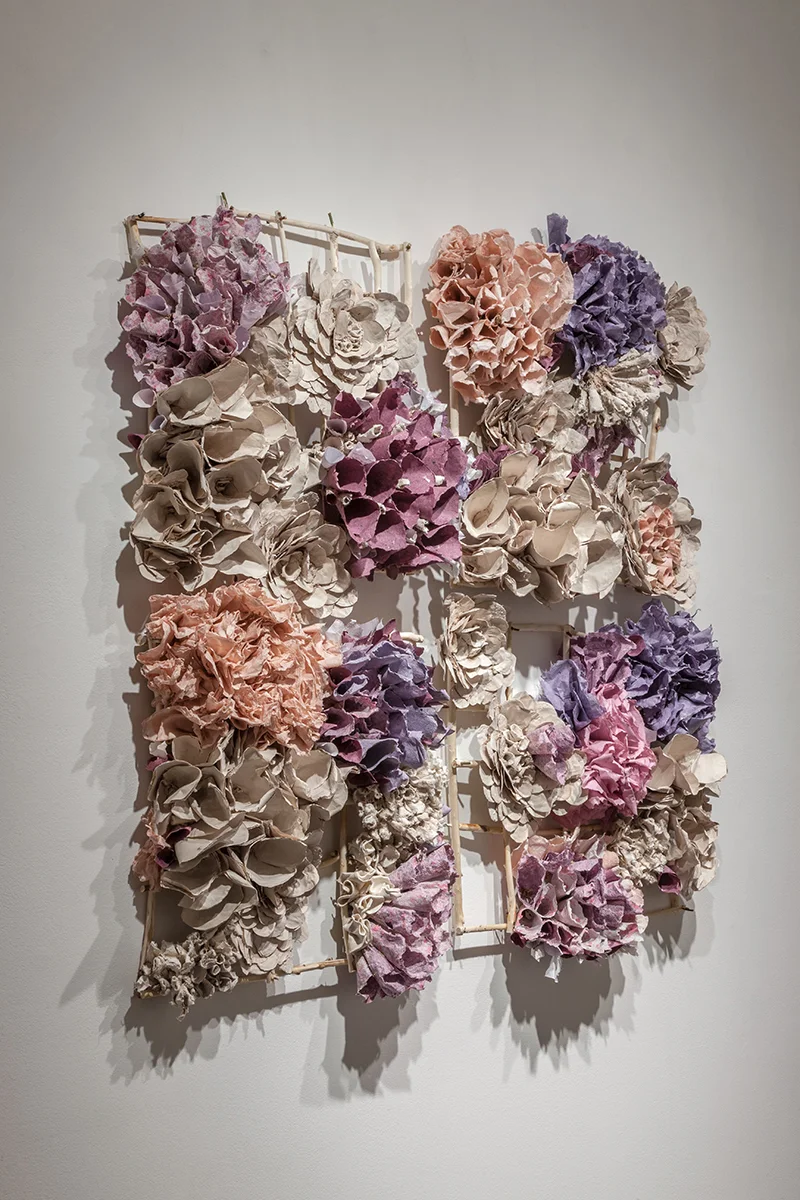 Four Square Peach Lavender Fired and unfired porcelain paper clay, handmade paper, organic material 5' x 5' x 10"