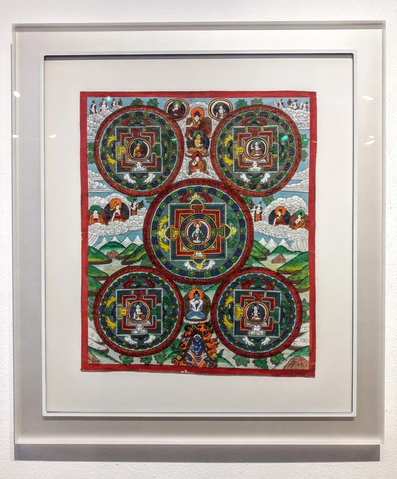Silver Prisma Frame and Museum Glass on Buddhist painting for an ethereal, floating look. 
