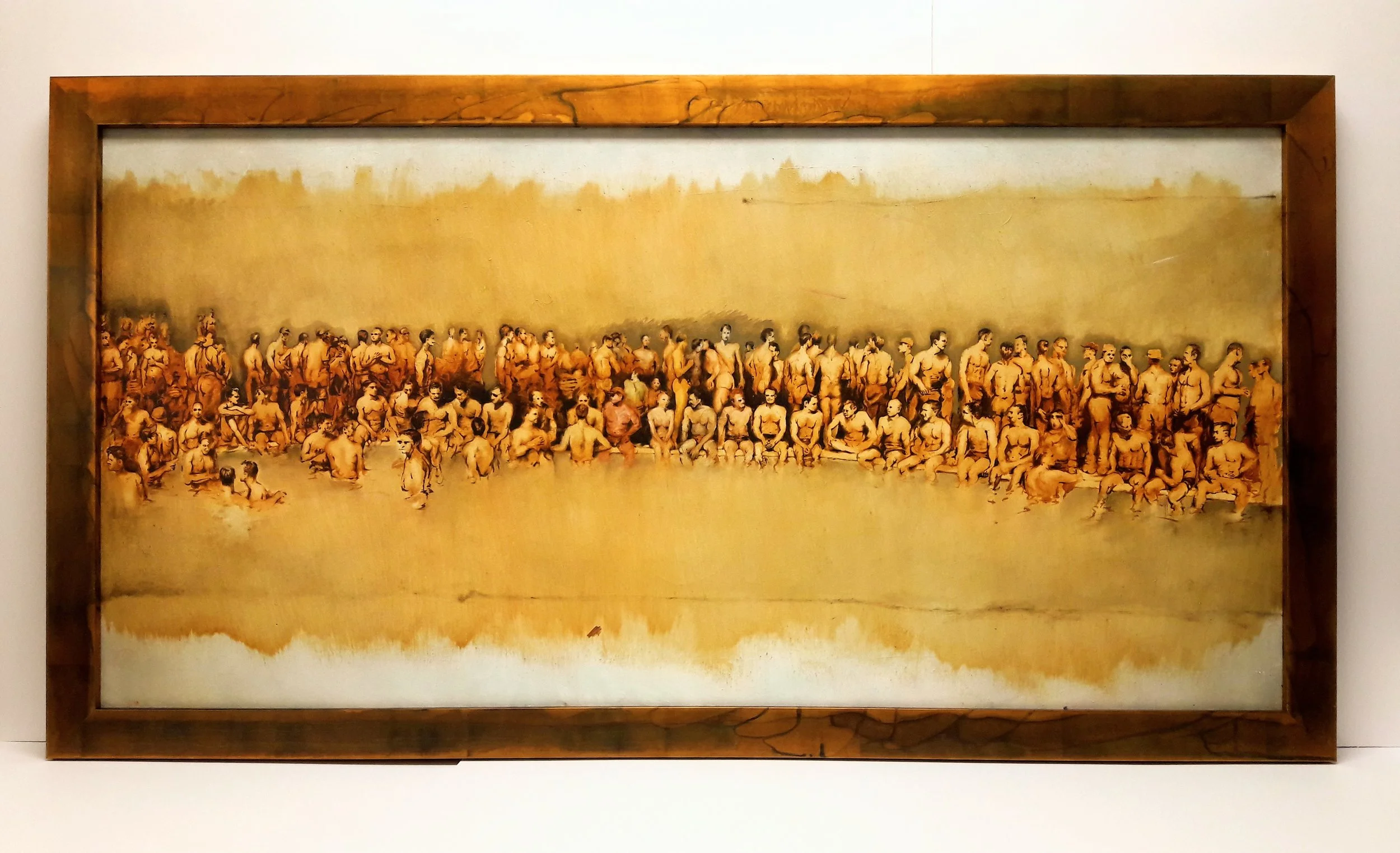 “Raku” acid-etched frame on sepia-toned contemporary painting of bathers — an incredible match!