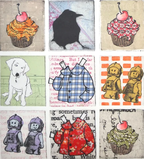 ‘White Dog, Blue Coat, Purple Men” Etching and Collage with Hand-Coloring, 11” x 11”