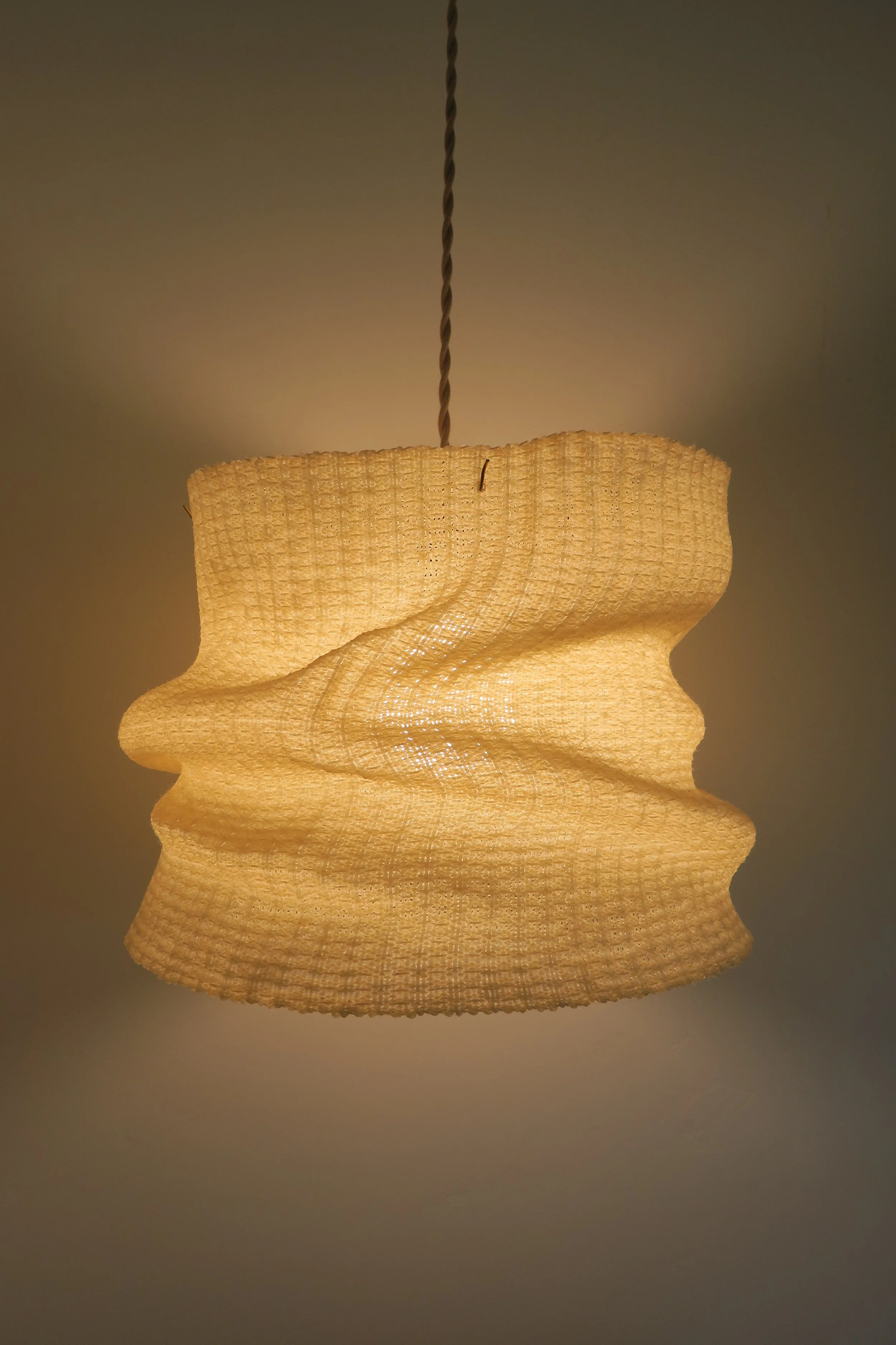  Handwoven linen and hemp, resin, brass, cotton cord  Available, $1100,  Inquire here  