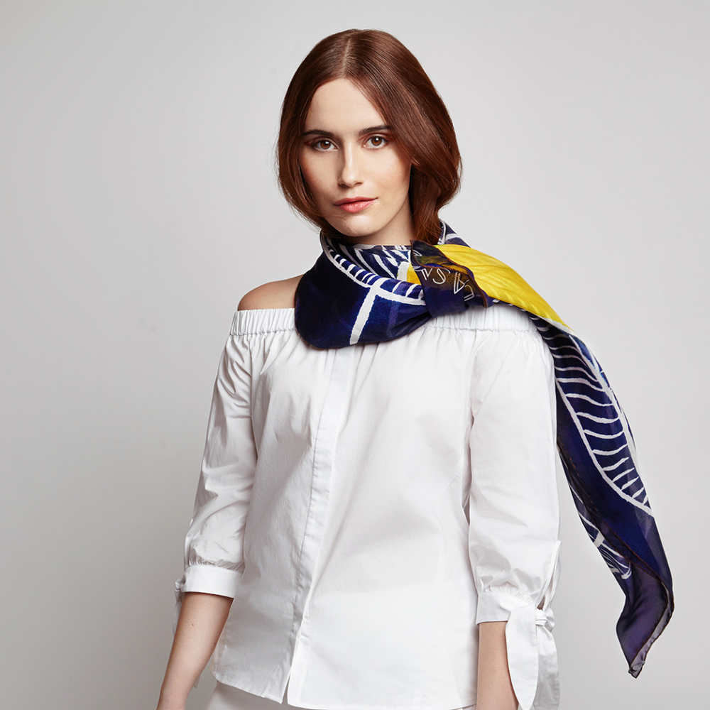 Navy silk scarf. Women's square silk chiffon scarf - BASMA