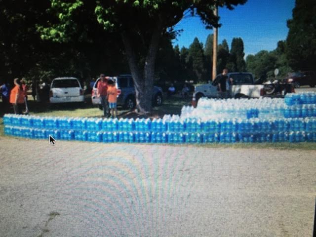 Donated water laid out for all to see.......