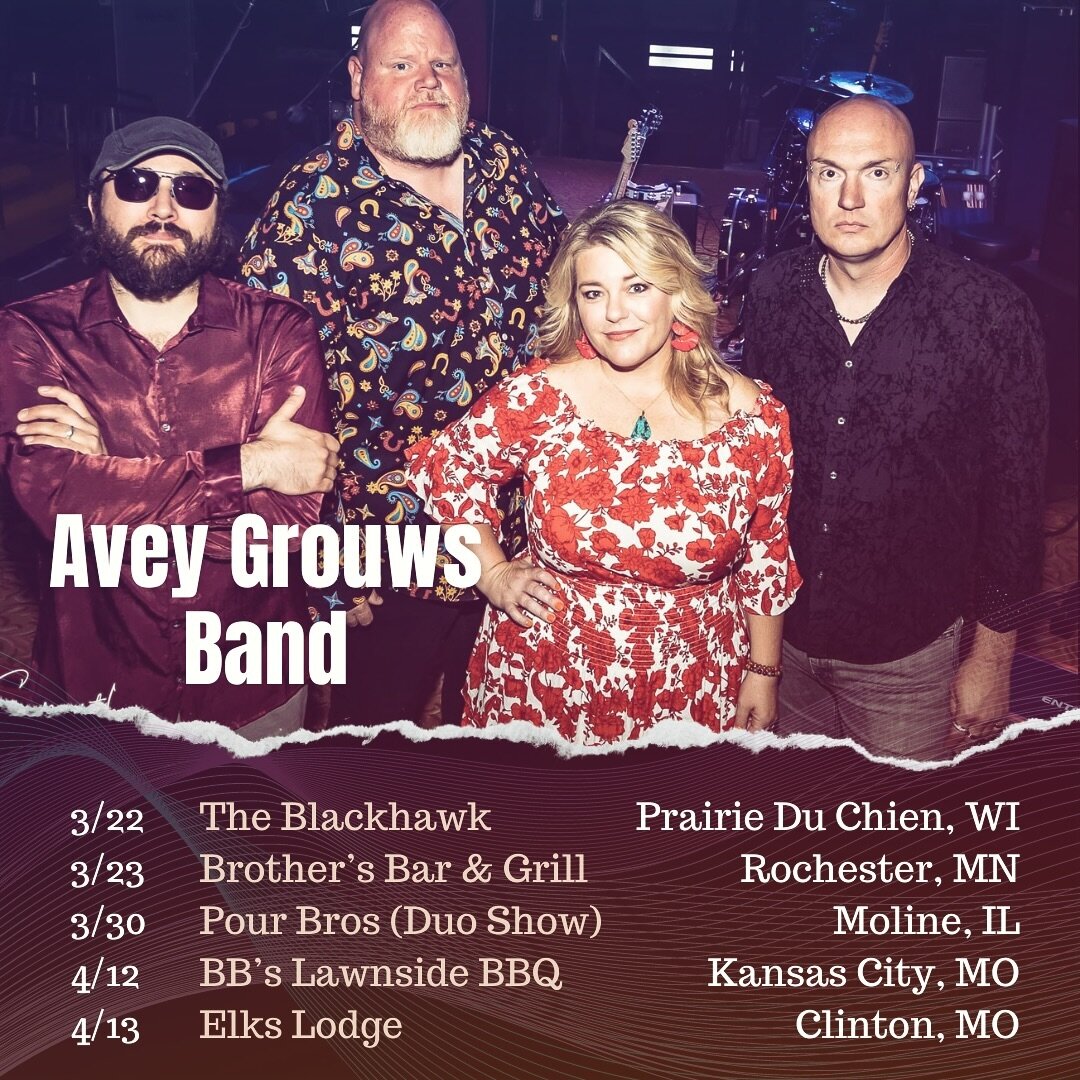 Wisconsin, Minnesota, Illinois and 2 dates Missouri. Road trips, Anyone?! 💥

#aveygrouwsband #tour #wisconsin #minnesota #illinois #missouri #roots #blues #rock