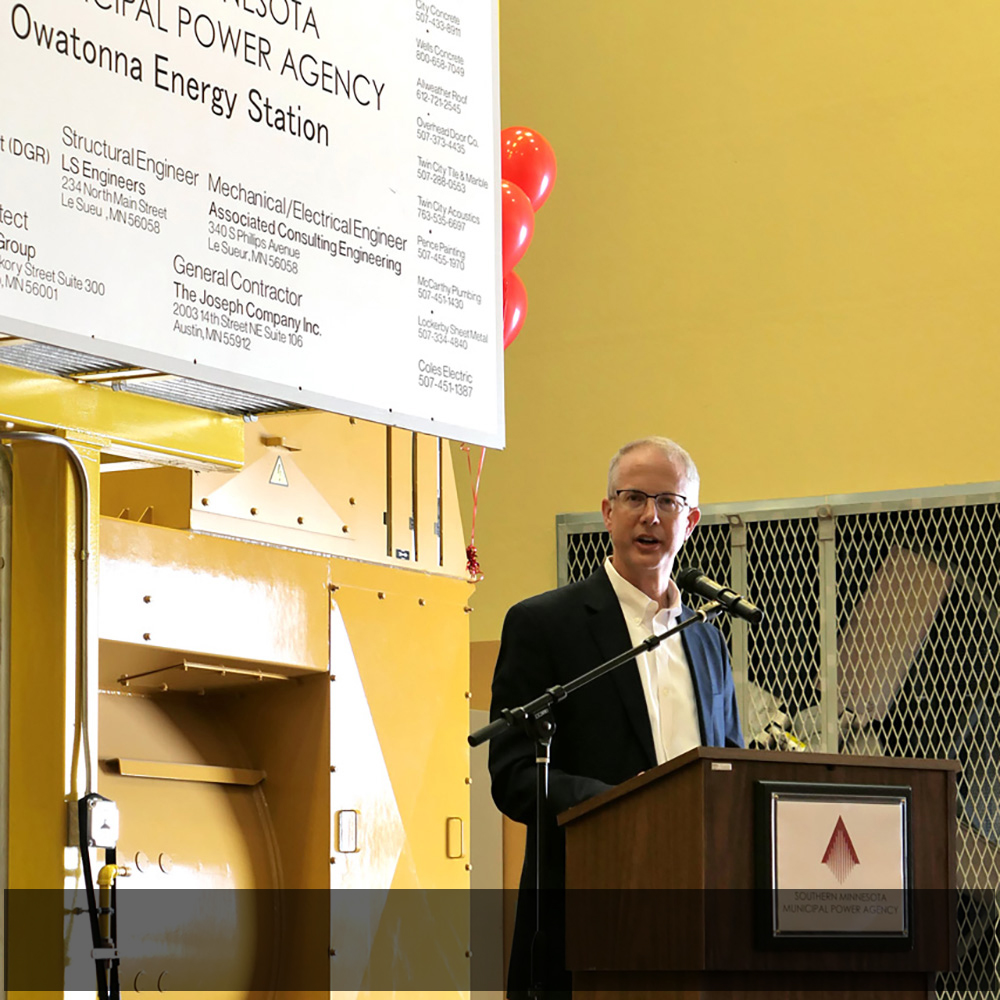   SMMPA Executive Director and Chief Executive Officer Dave Geschwind addresses the crowd during the Owatonna Energy Station dedication ceremony.  