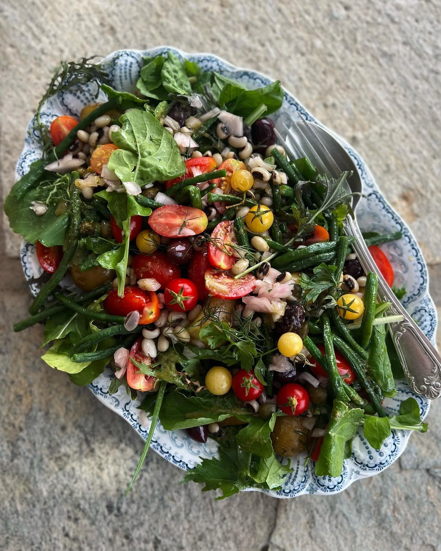 Brunch today at Melisses - Ni&ccedil;oise salads alongside tuna salad and jammy boiled eggs, with beautiful local greens from Livada farm, &amp; our favorite citrus scented olive oil cake w whipped yoghurt &amp; vanilla infused (2023 early harvest ex