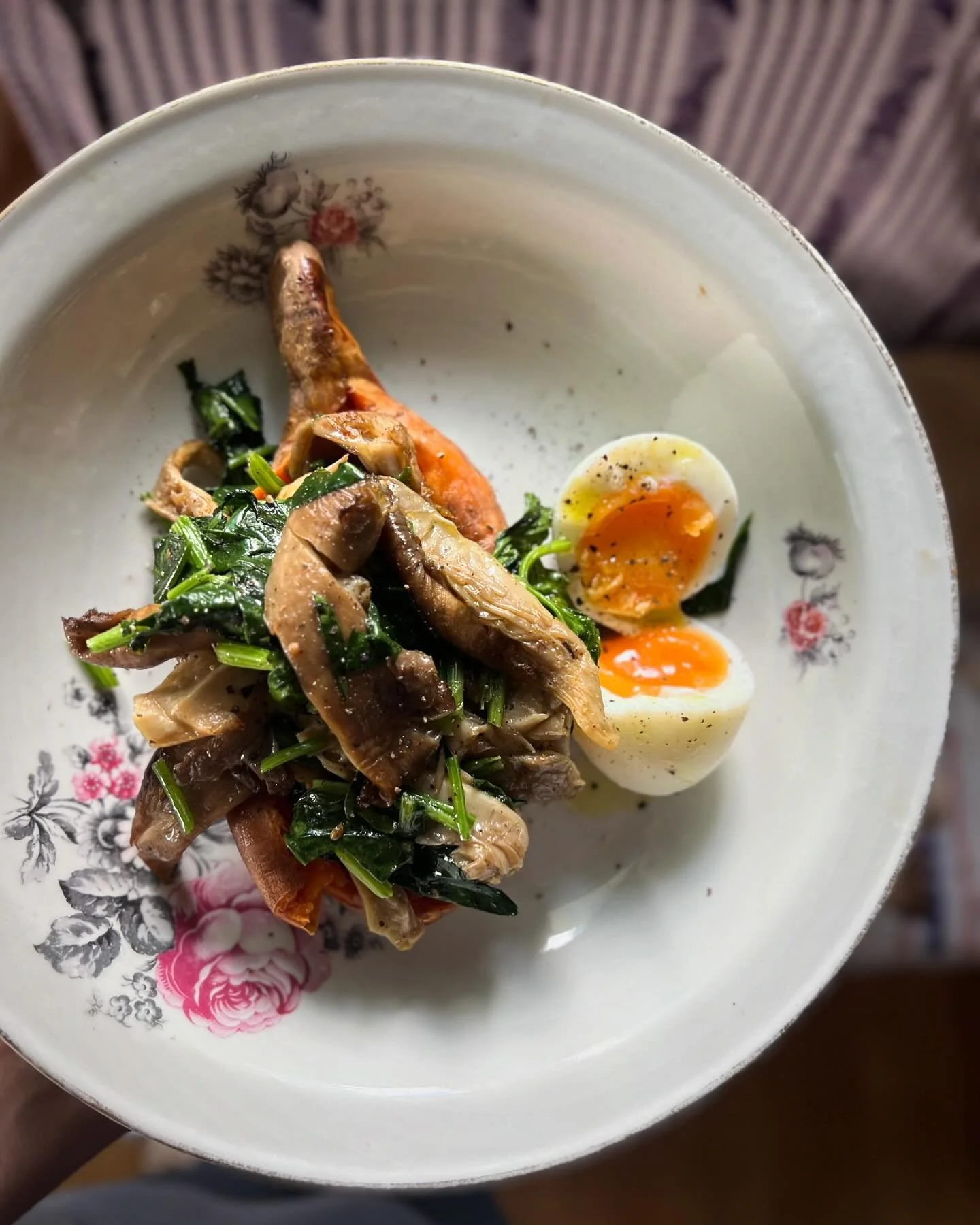 Nice to be back home and cooking for myself again. Simple things, whole roasted sweet potato &amp; with local spinach &amp; oyster mushrooms from the Laiki in Kalamata, cooked in the wood stove with ghee, &amp; drizzled with fresh olive oil afterward