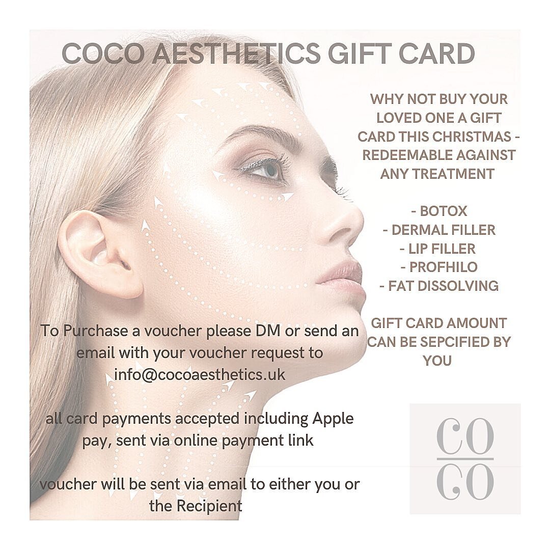 Not sure what to buy your wife/partner/girlfriend/mother this Christmas? Why not buy then a Coco Aesthetics gift card. Redeemable against any treatment of their choice, or redeemable against bespoke skin care products. 

Simply DM me, or send an emai