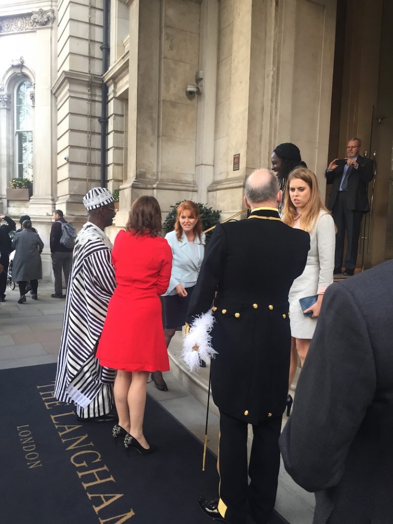 Sarah, Duchess of York, and Princess Beatrice on the steps of The Langham London