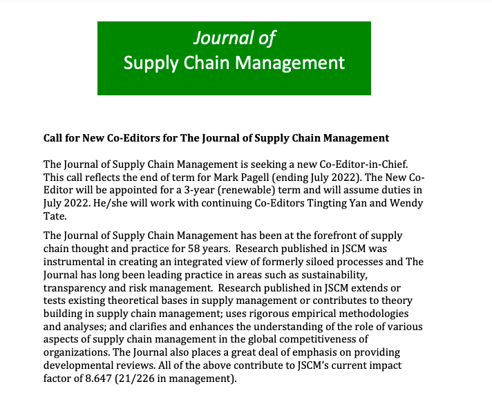 Call for New Co-Editors for The Journal of Supply Chain Management