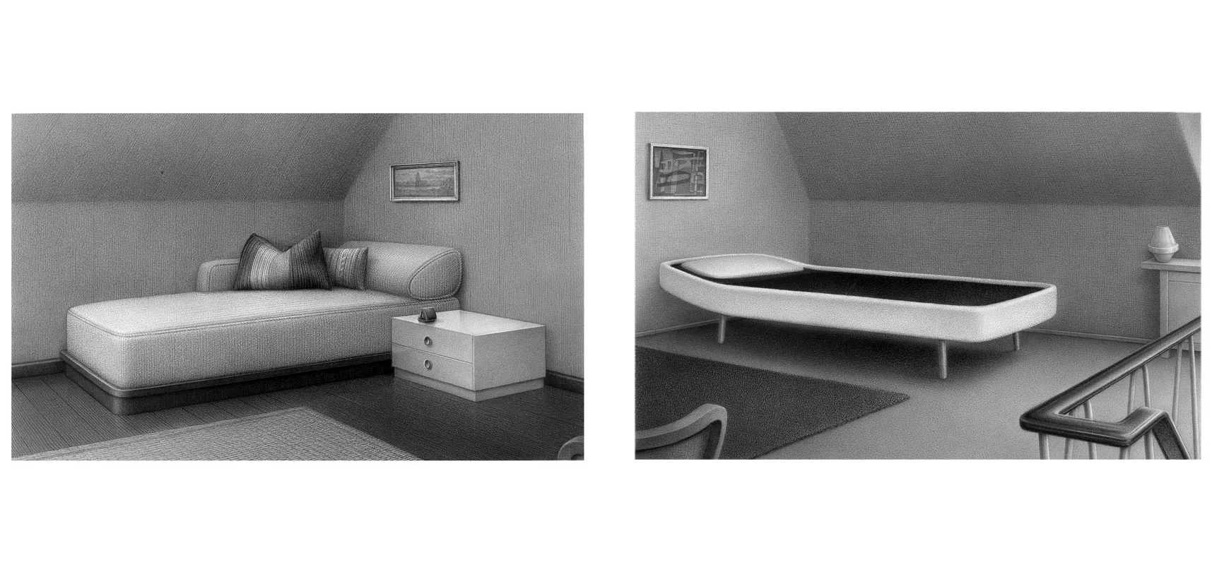 Chaise longue (Diptychon), 2006, Bleistift auf Papier, je 13,5 x 22 cm