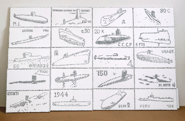  Briefmarkensammlung (Uboote), 2005, Styropor, Silberlack-Ätzung, 250 x 400 cm 