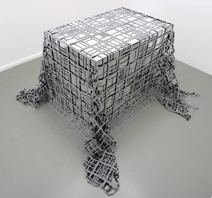 Überwurf M 2, 2017-18, mirror glass, fabric, wood, 86 x 100 x 64 cm