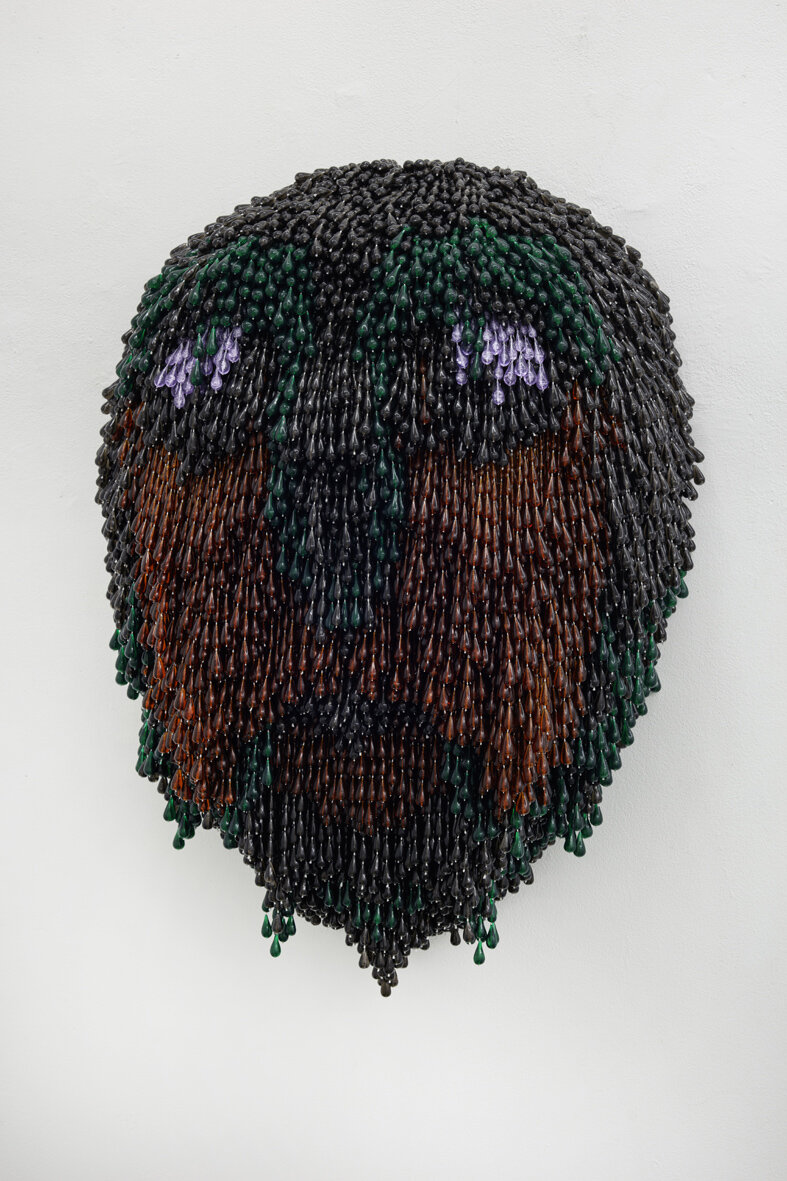  Mask 4, 2021, wood, pearl strands, 75 x 50 x 25 cm 