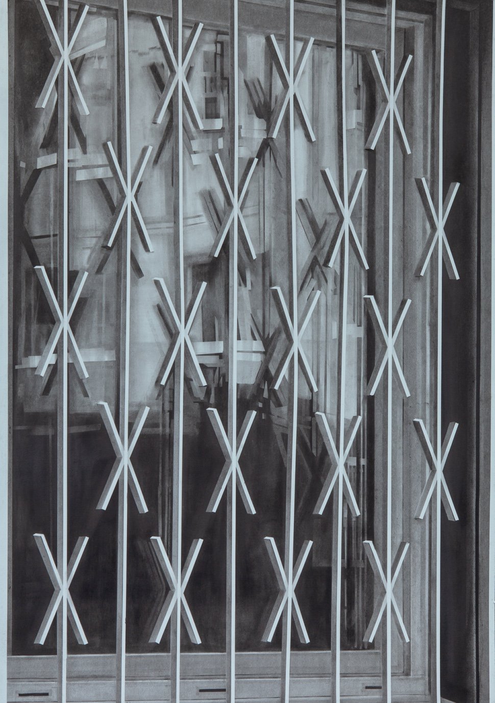  Grid Crossfence, 2019, Kohle auf Papier, 100 x 70 cm 