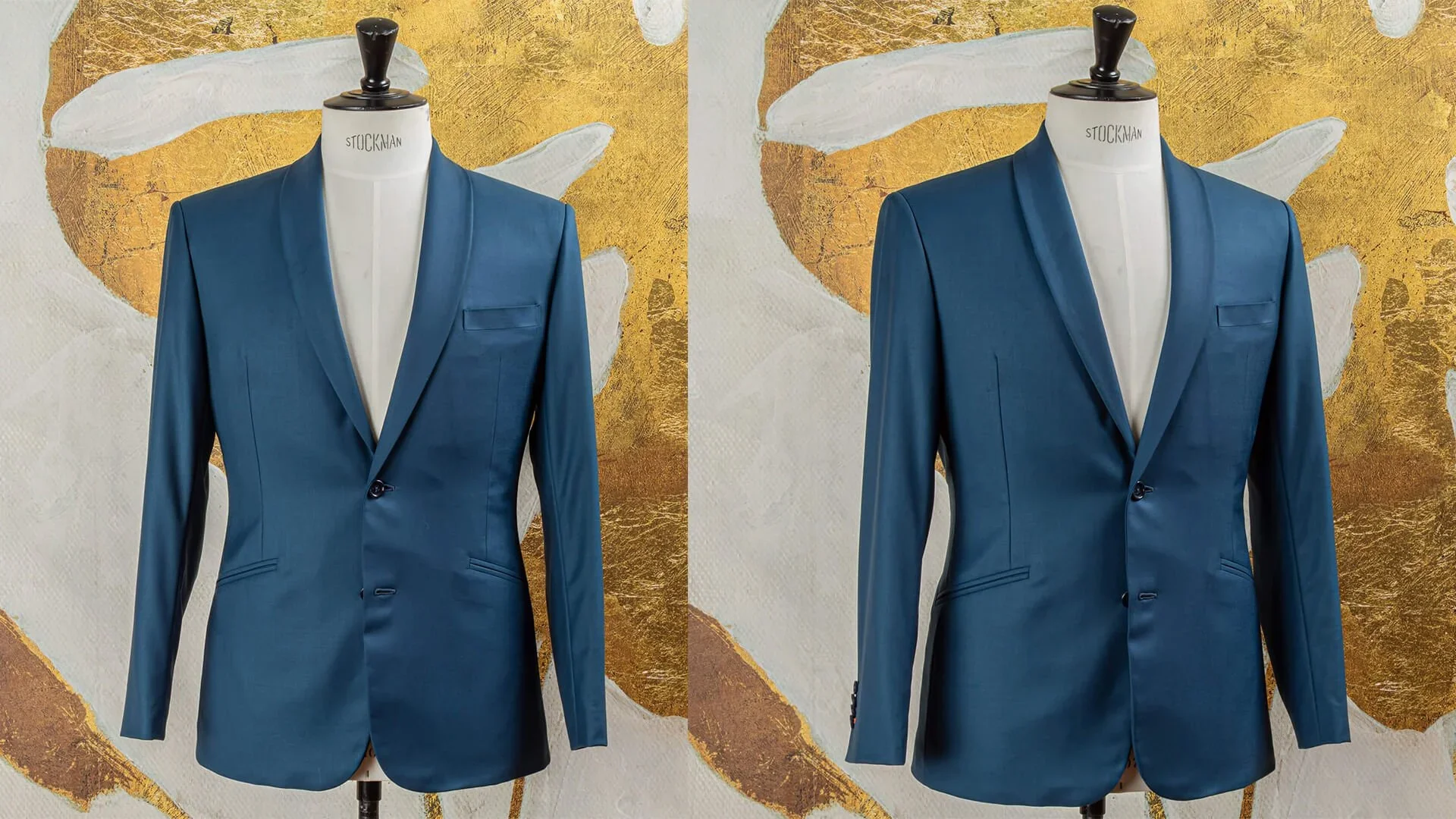 Bespoke colbert met shawl collar in petrol blauw op Stockman paspop, gemaakt van Super 140's Holland & Sherry wol