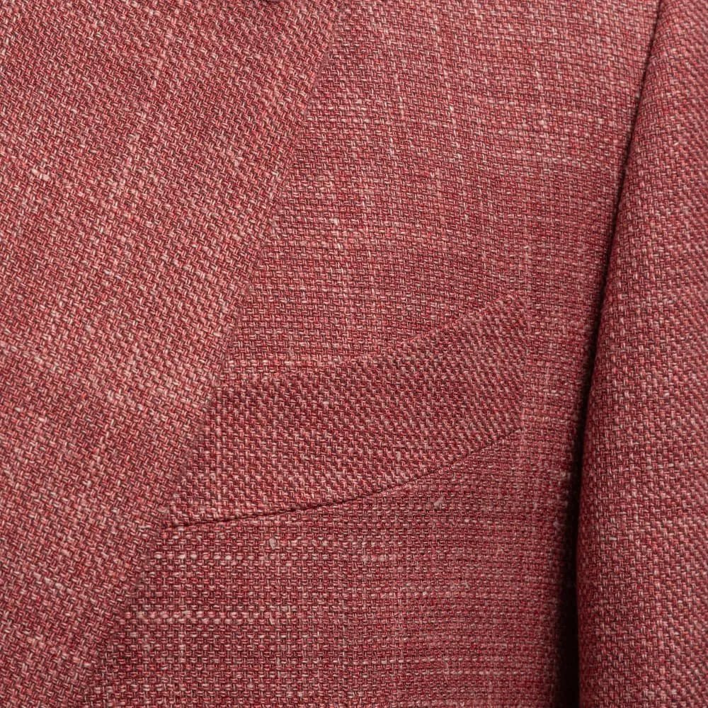 Close-up Barchetta Borstzak hopsack weefsel textuur van roze wol linnen zijde stof, ademend en lichtgewicht voor zomerbruiloft