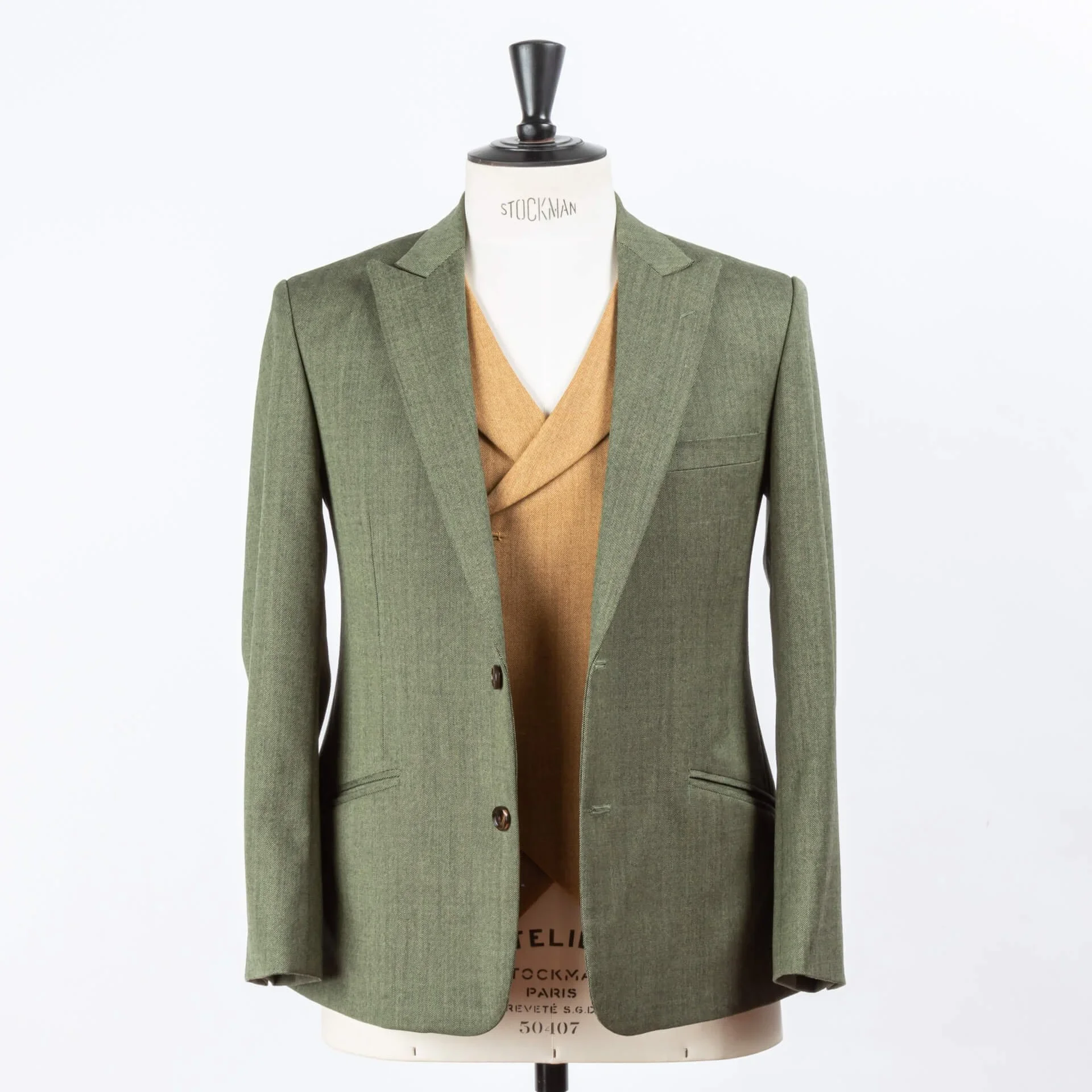 colbert open vooraanzicht met terracotta double-breasted gilet 4x2 knopen volledig zichtbaar