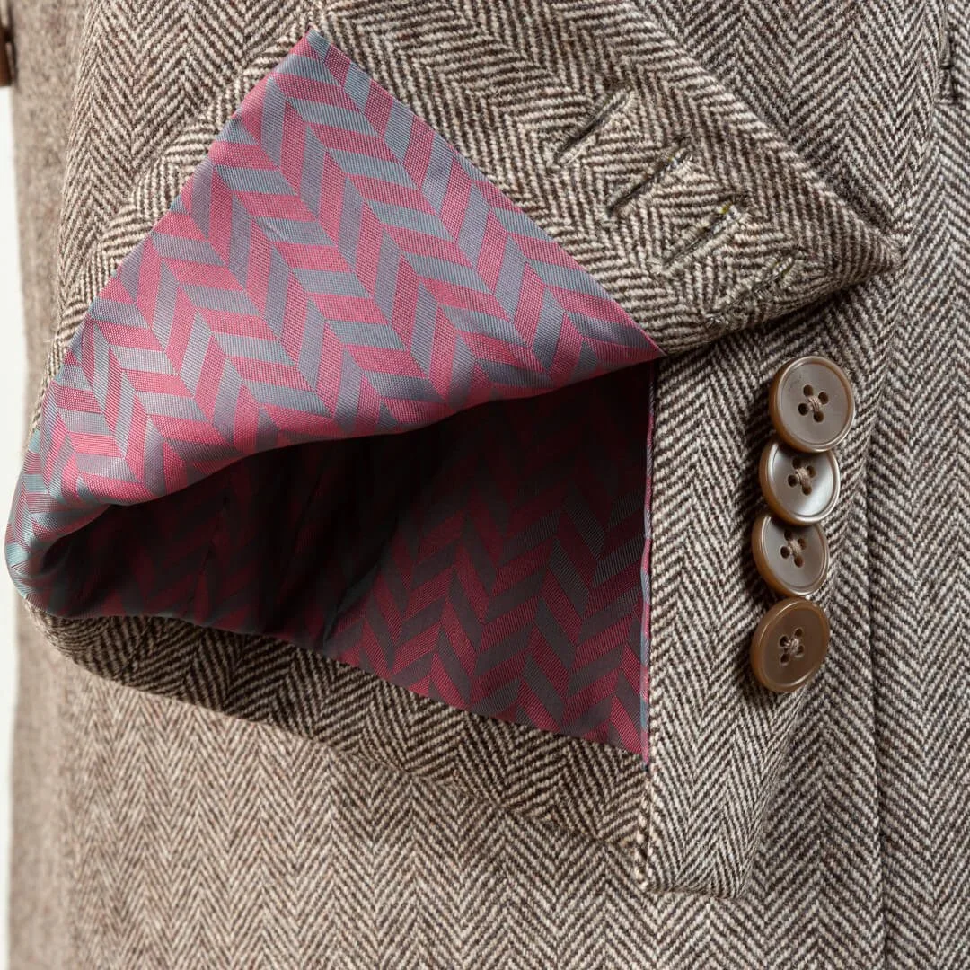 Corozo mouwknopen en voering – double-breasted vintage trouwpak visgraat fawn op maat