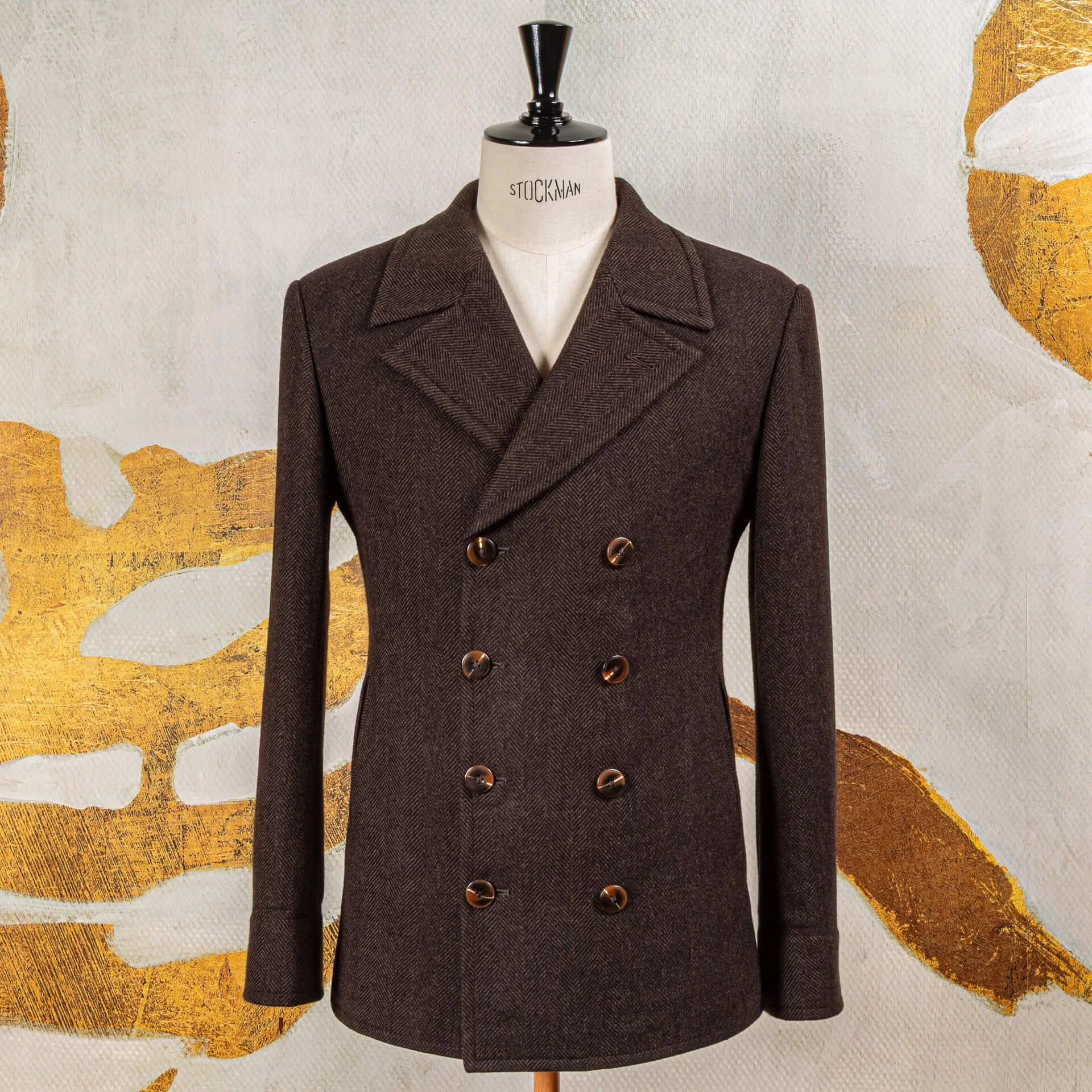Double-breasted peacoat chocolate brown herringbone vooraanzicht