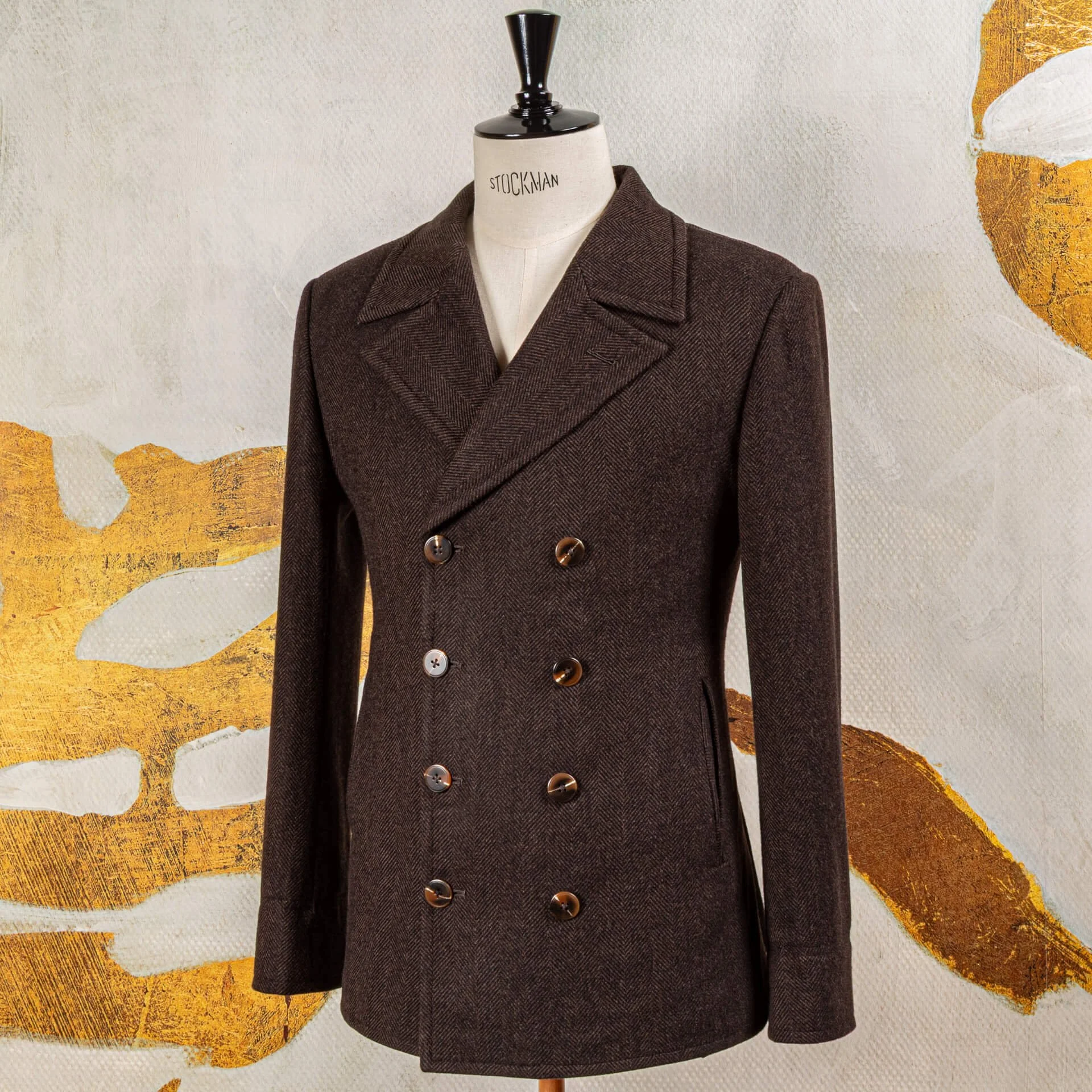 Double-breasted peacoat chocolate brown herringbone driekwart