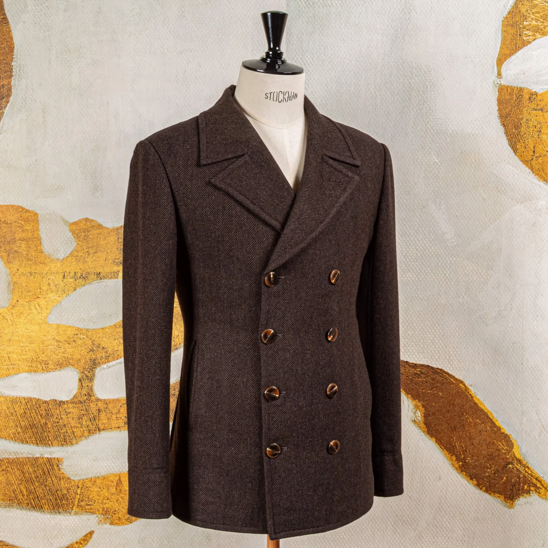 Double-breasted peacoat chocolate brown herringbone zijaanzicht